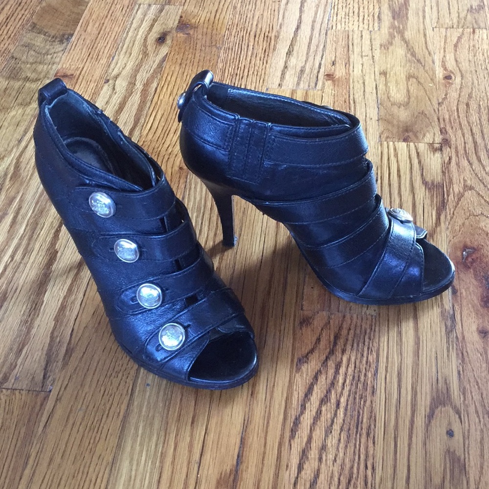 Coach Black Leather Peep Toe Ankle Booties with Silver Buttons